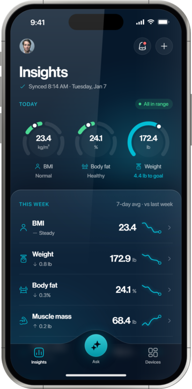 Oxiline App home screen with Scale MD Pro Gen 2 body composition summary