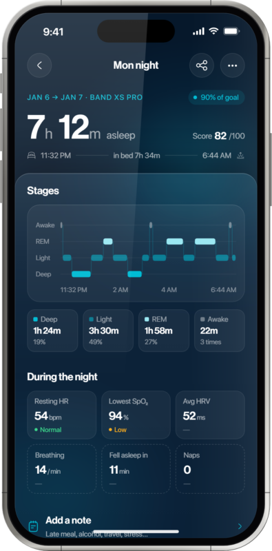 Oxiline App sleep stages record from Band XS Pro