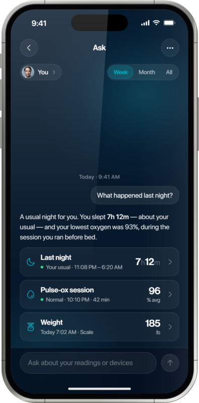 Oxiline App AI Health Assistant answering questions about Band XS Pro data
