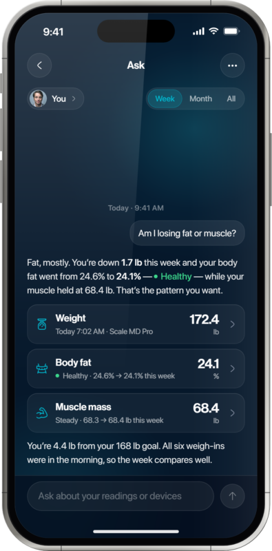 Oxiline App AI Health Assistant answering a body composition question