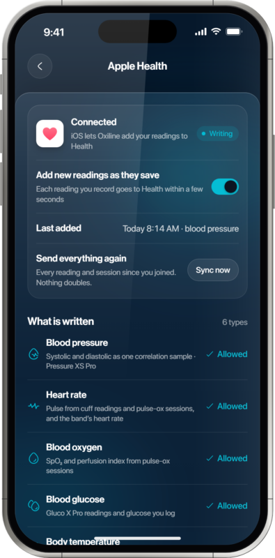 Oxiline App Apple Health sync settings