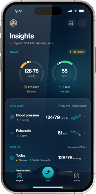 Oxiline App Insights home screen with blood pressure and pulse