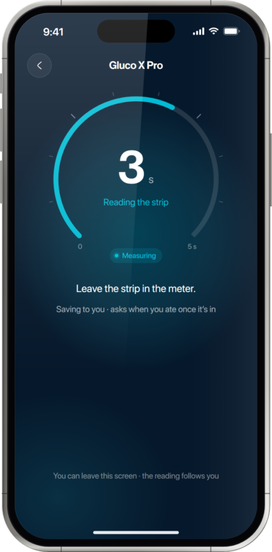 Oxiline App glucose reading in progress on Gluco X Pro