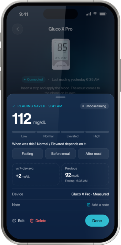 Oxiline App saved glucose reading with meal timing options