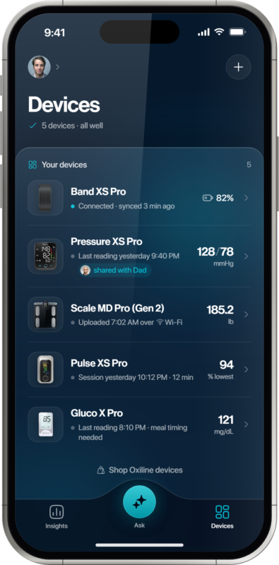 Oxiline App Devices tab listing connected Oxiline health devices