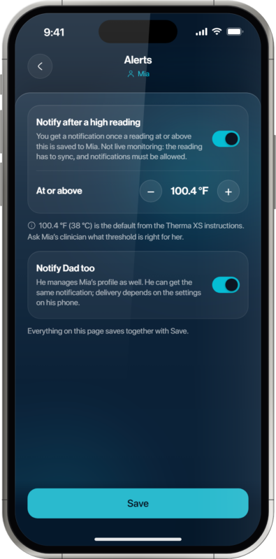 Oxiline App fever alert settings