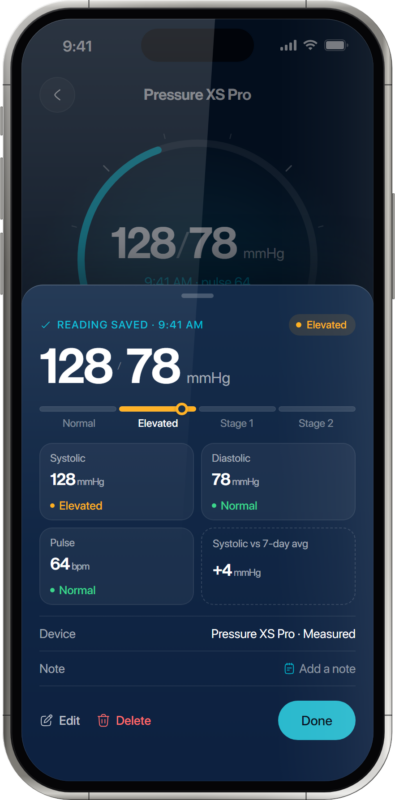 Oxiline App blood pressure reading with systolic, diastolic and pulse