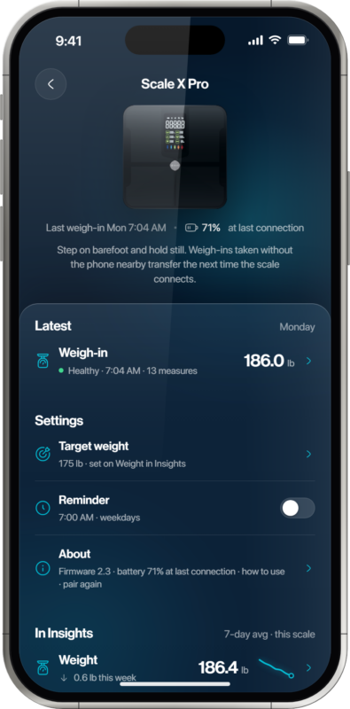 Oxiline App Scale X Pro device page with target weight and reminder