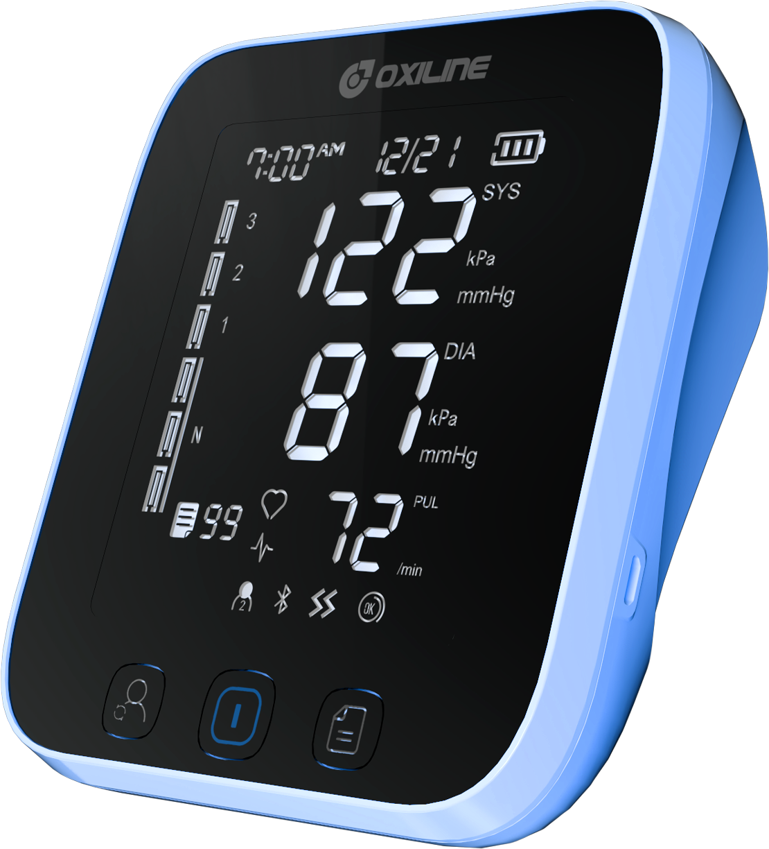 A modern and sleek blood pressure monitor with a floating design and a blue light shining on it, used for measuring systolic and diastolic blood pressure and pulse rate.