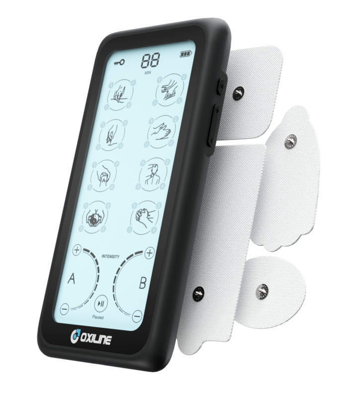 A modern and sleek touch screen TENS unit with a floating design, used for pain management and muscle stimulation through electrical impulses