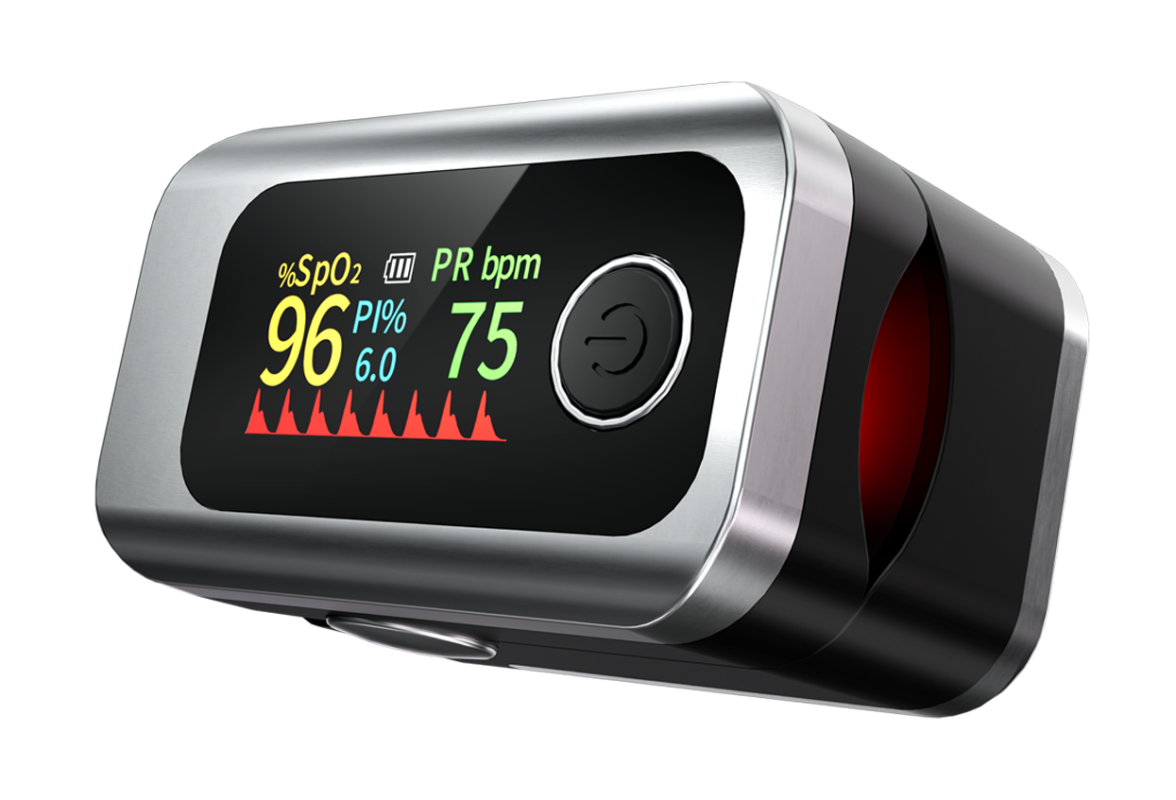 A digital pulse oximeter with a band and sensor, used for measuring oxygen saturation levels (SpO2) and pulse rate.