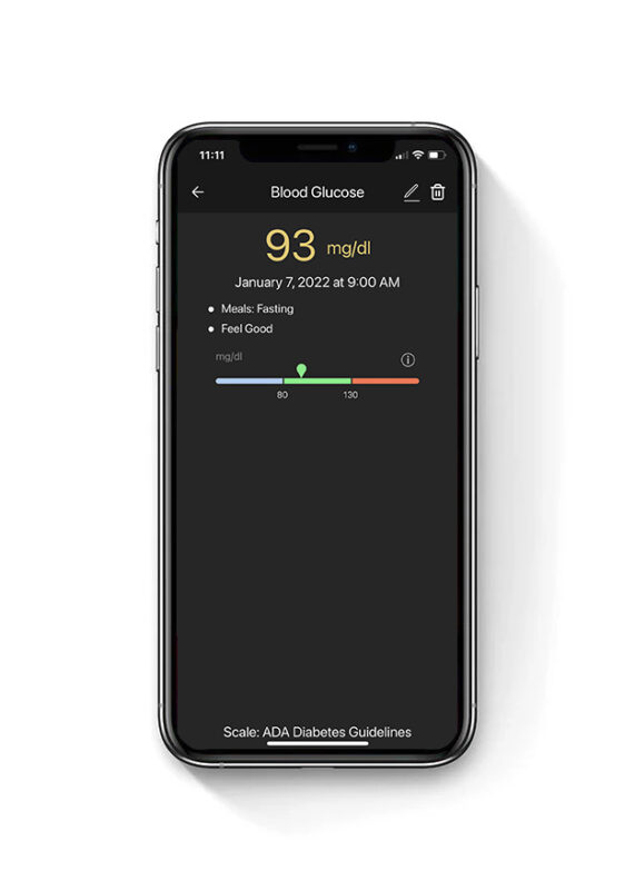 A smartphone screen displaying the app for a glucometer, showing the interface for measuring and tracking blood sugar levels.