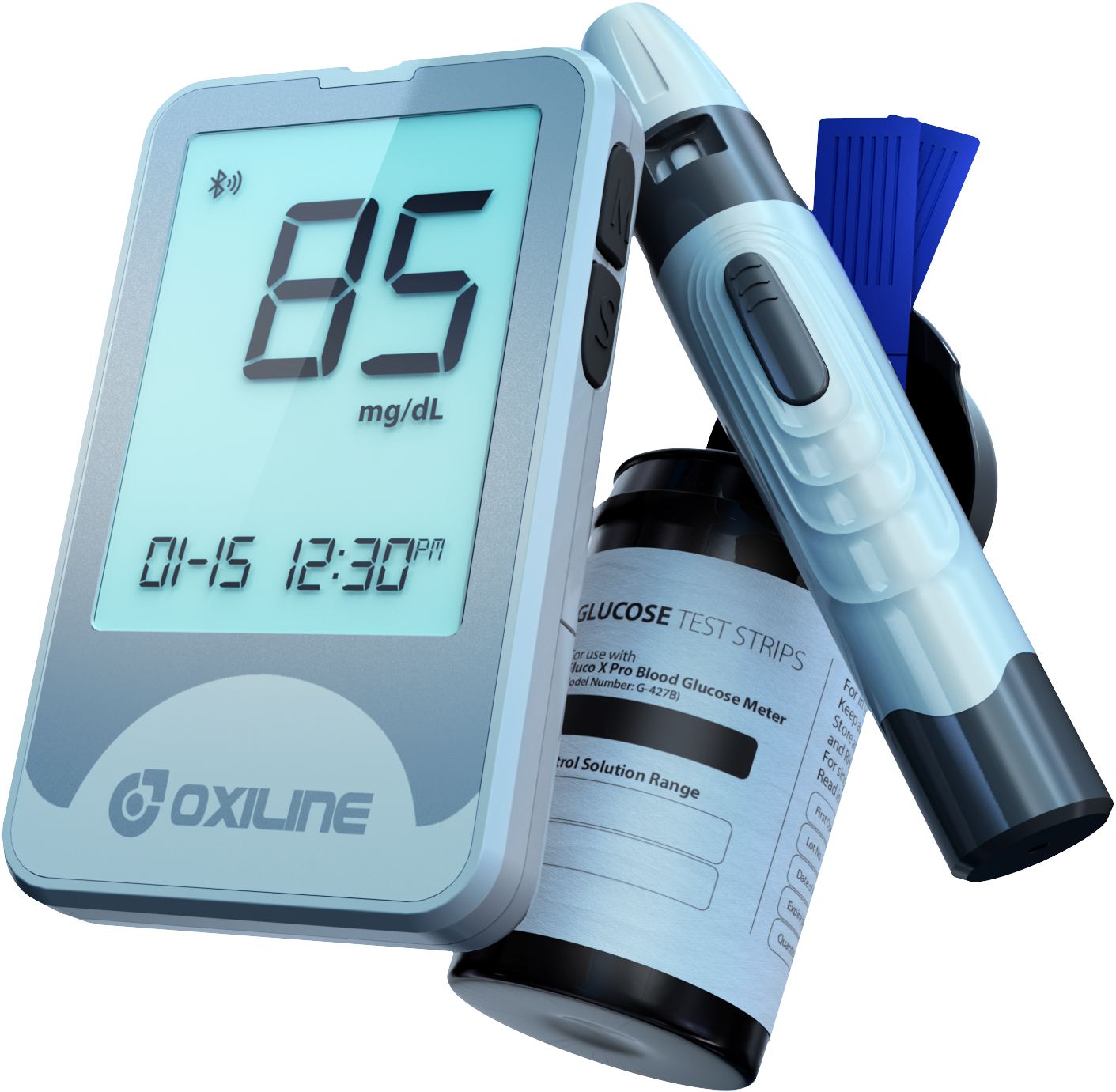 A floating glucometer kit with a blue light shining on it, highlighting the modern and sleek design of the device and accessories used for measuring blood sugar levels.