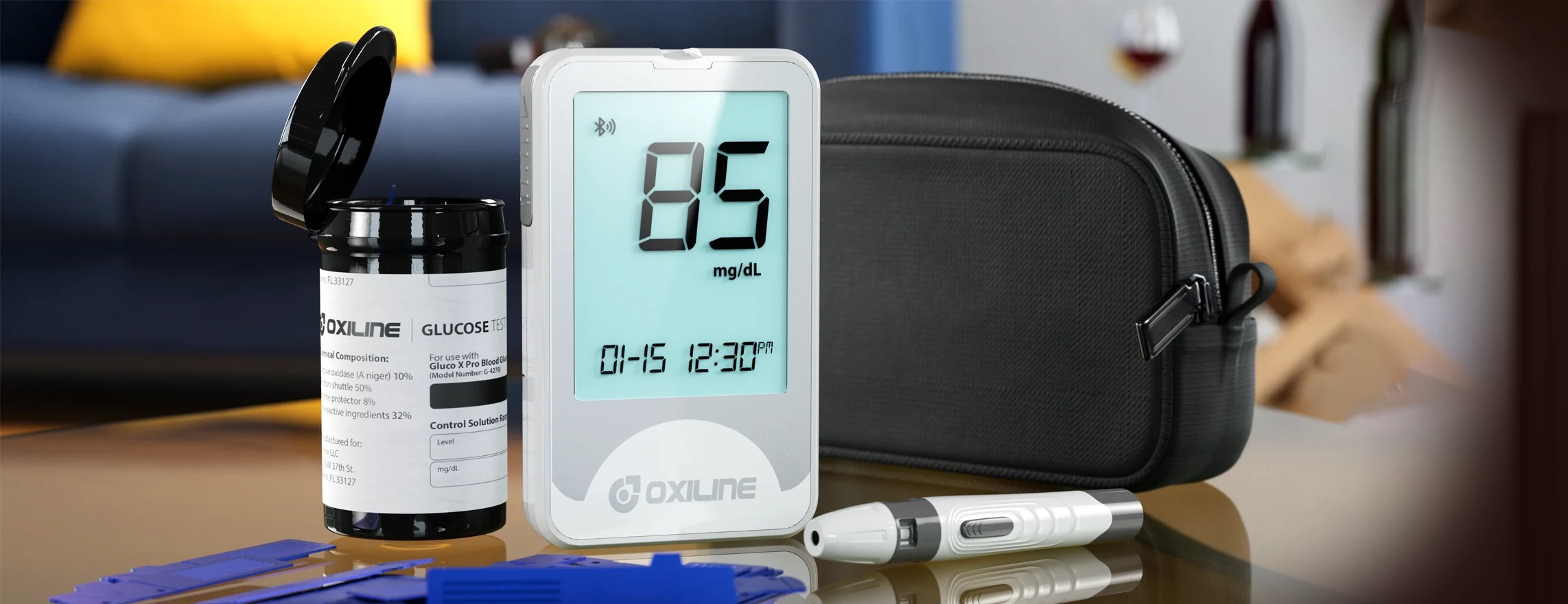 A glucometer kit on a table, showing the device and accessories used for measuring blood sugar levels.
