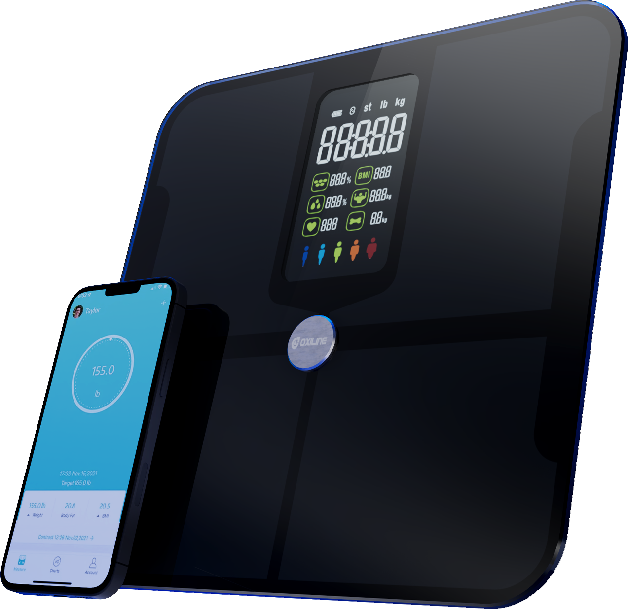 A sleek and modern smart scale with a floating display, measuring weight and body composition metrics such as body fat percentage and muscle mass.