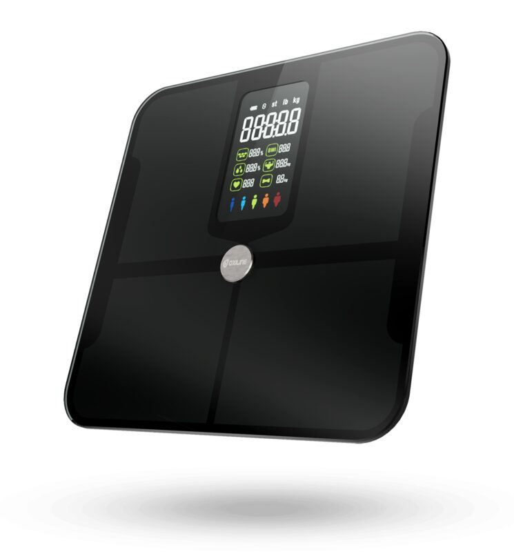 A sleek and modern smart scale with a floating display, measuring weight and body composition metrics such as body fat percentage and muscle mass.
