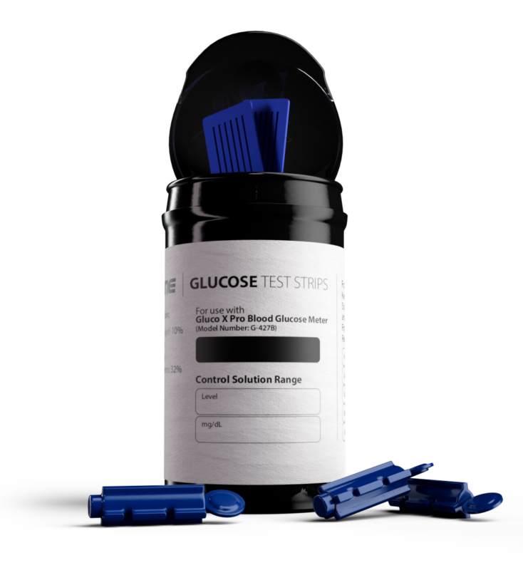A container with test strips and lancets, used for measuring blood sugar levels in a glucometer, ready for use and storage.