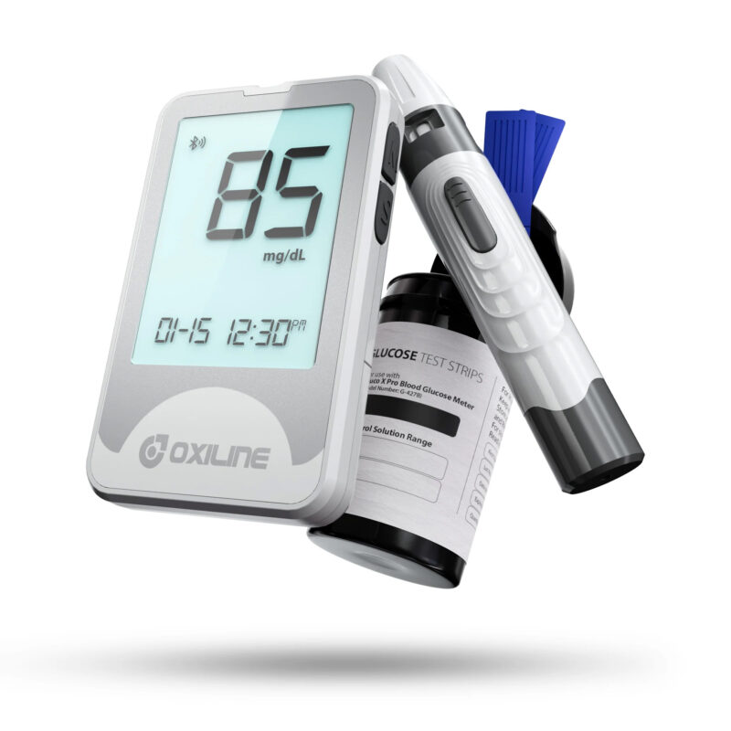 A modern and sleek glucometer kit with a floating design, showing the device and accessories used for measuring blood sugar levels