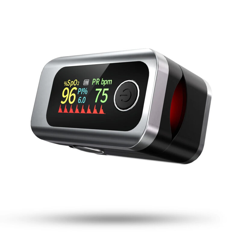 Decorative image of a pulse oximeter, used to measure oxygen levels in the blood