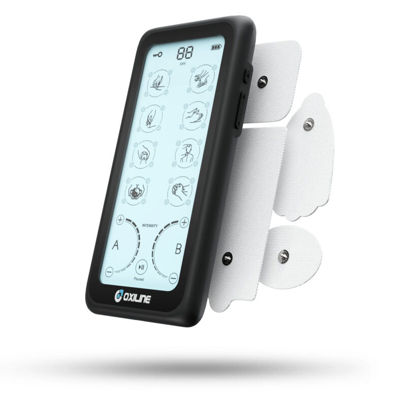 A modern and sleek touch screen TENS unit with a floating design, used for pain management and muscle stimulation through electrical impulses